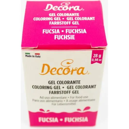 Gelová potravinářská barva Decora ve fuchsiovém odstínu pro obarvování krémů a potahů na dorty
