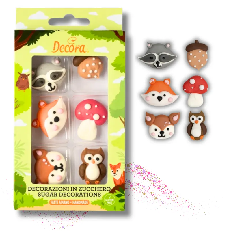 Sada šesti cukrových zvířátek z lesa od značky Decora pro zdobení dortů a cupcaků