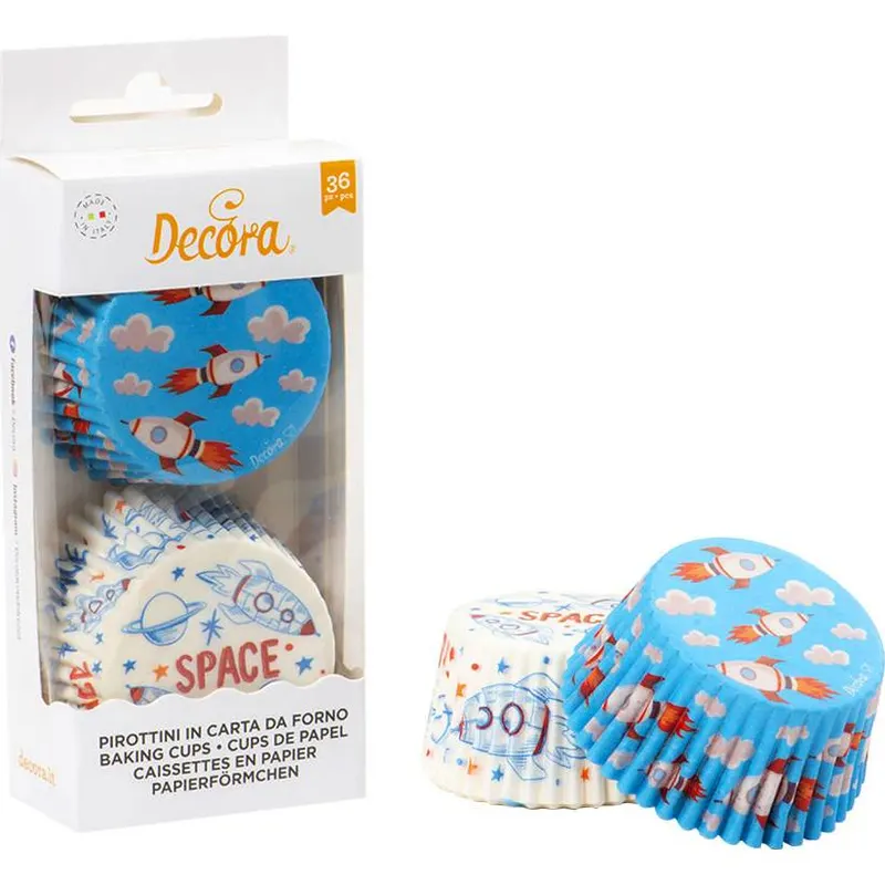 Papírové košíčky na muffiny s motivem vesmíru, balení 36 ks, značka Decora, vhodné na muffiny a cupcakes