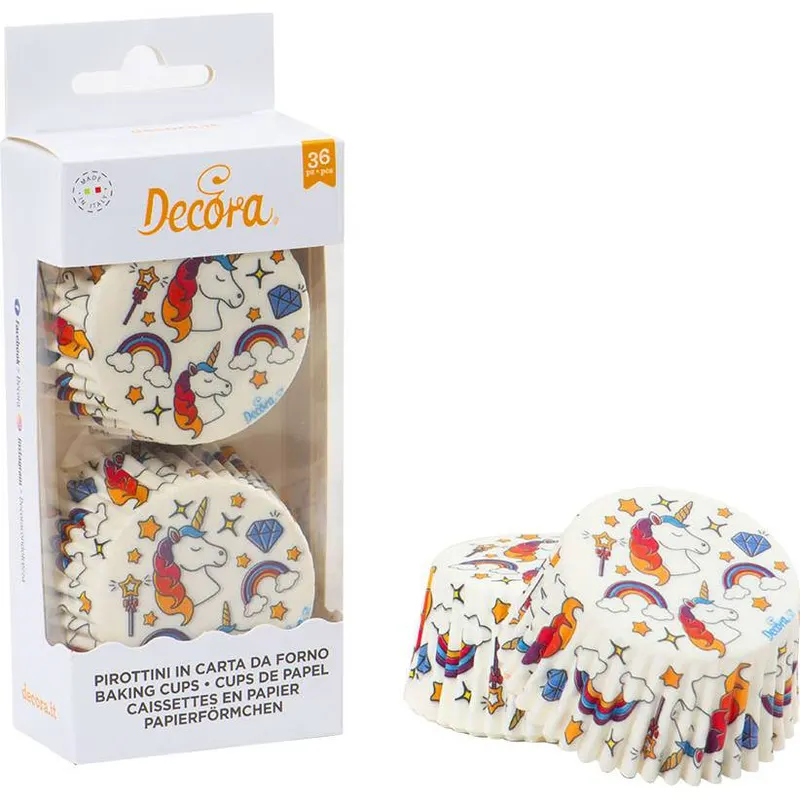 Papírové košíčky na muffiny s motivem jednorožce od značky Decora, balení 36 kusů pro pečení cupcakes a dětských dezertů