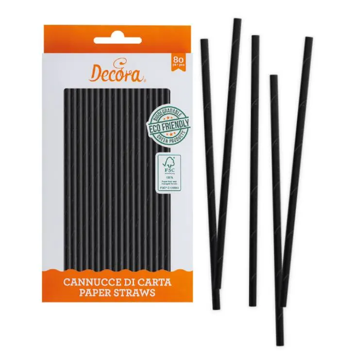 Černá papírová brčka Decora v balení 80 kusů, délka 21 cm, vhodná na nápoje na party a oslavy