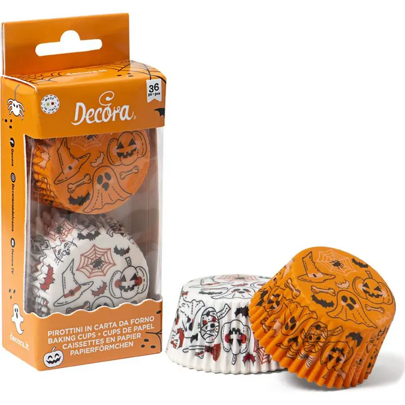 Oranžové a bílé papírové košíčky Decora s halloweenským motivem na muffiny, balení 36 kusů
