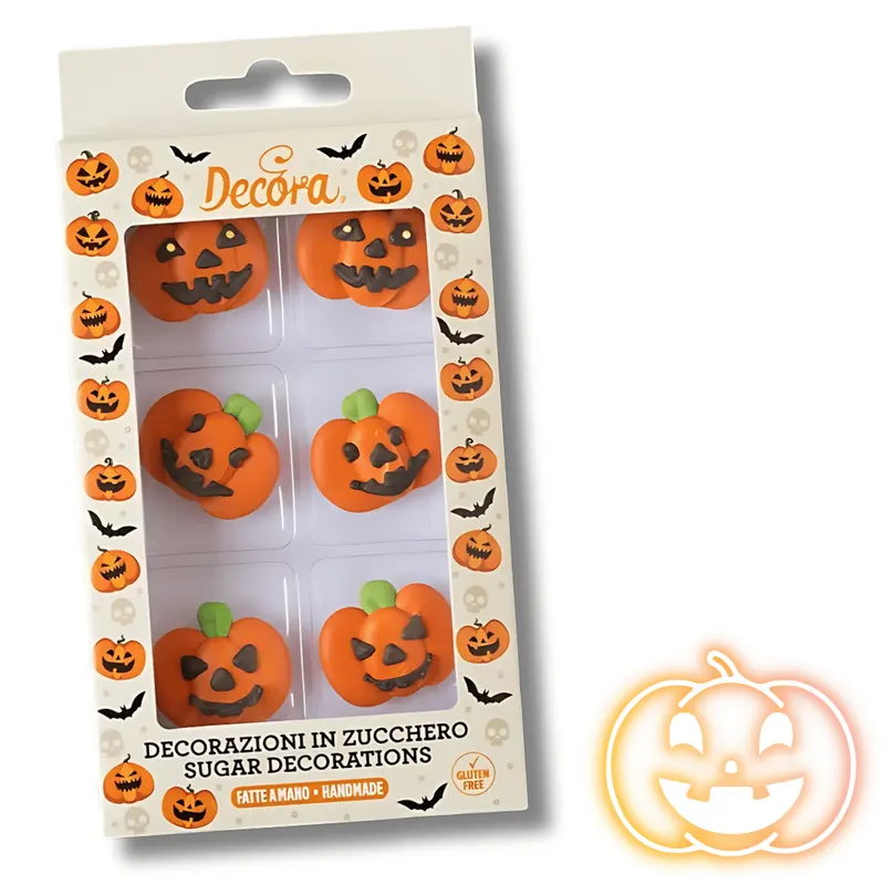 Cukrové dekorace ve tvaru dýní na zdobení dortů a cupcakes pro halloweenské pečení, balení 6 kusů