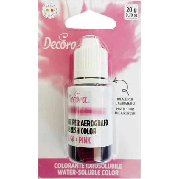 Tekutá airbrush barva v růžové barvě od značky Decora v objemu 20 g pro zdobení dortů
