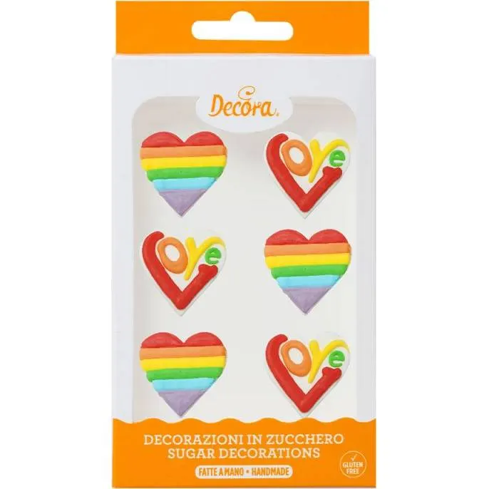 Cukrové dekorace ve tvaru duhových srdíček od značky Decora, 6 kusů, na zdobení dortů a cupcakes