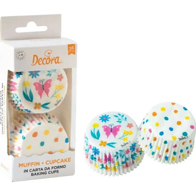 Papírové košíčky na muffiny Decora s puntíky a motýlem, balení 36 kusů o rozměru 50 x 32 mm