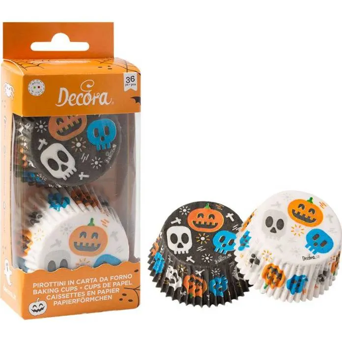 Papírové košíčky na cupcakes s motivem lebek pro halloweenské pečení, balení 36 kusů od značky Decora