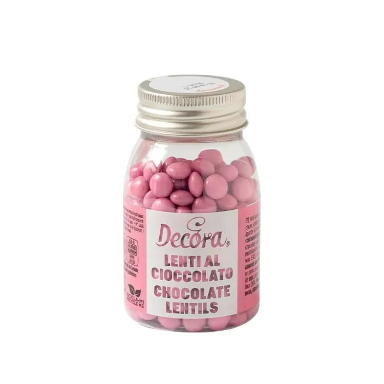 Čokoládové mini lentilky Decora v růžové barvě na zdobení dortů a dezertů