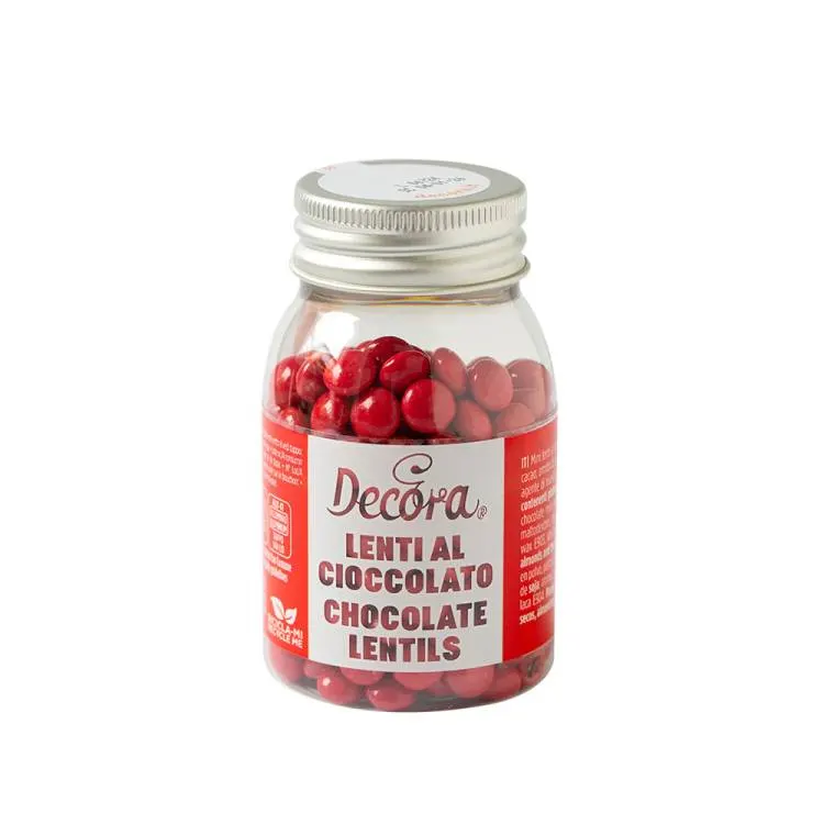 Čokoládové mini lentilky Decora v červené barvě na zdobení dortů a dezertů