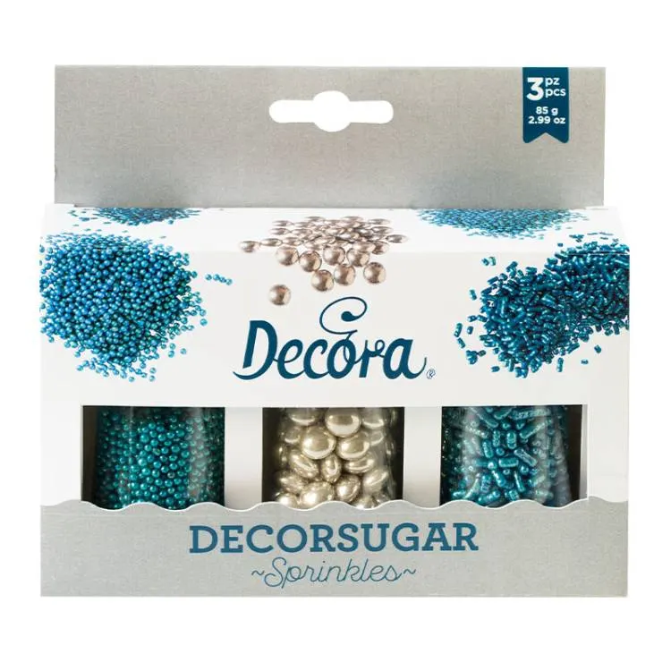 Cukrové zdobení Decora v modré a stříbrné barvě, směs lentilek, máčku a tyčinek na dorty, 85 g