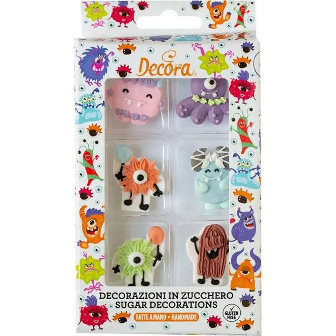 Cukrová dekorace příšerek značky Decora na zdobení dortů a cupcakes, sada šesti ručně vyráběných postaviček
