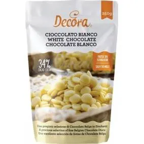 Belgická bílá čokoláda 34 % od značky Decora v balení 250 g vhodná na polevy, krémy a cukrářské pečení