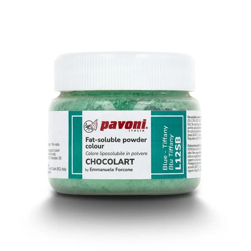 Modrá barva na čokoládu v tiffany odstínu od italské značky Pavoni, 40 g, pro barvení čokolády a dekorací cukrářských výrobků