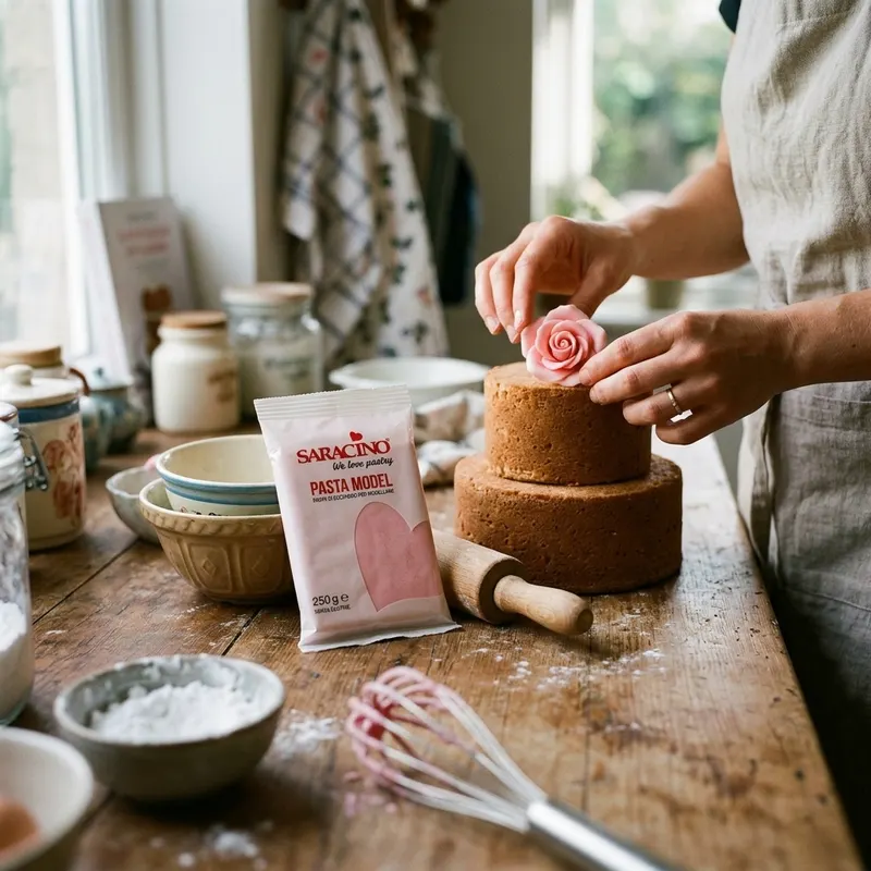 Modelovací fondán Saracino v jemném růžovém odstínu Baby Pink na zdobení dortů o hmotnosti 250 g