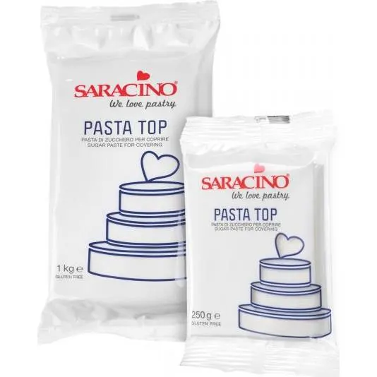 Bílá potahovací hmota na dorty od značky Saracino v balení 250 g pro hladké a elegantní pokrytí dortů
