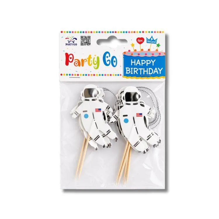Zápich do dortu s motivem kosmonautů, balení obsahuje 6 kusů pro dekoraci dortů a cupcaků na vesmírné party