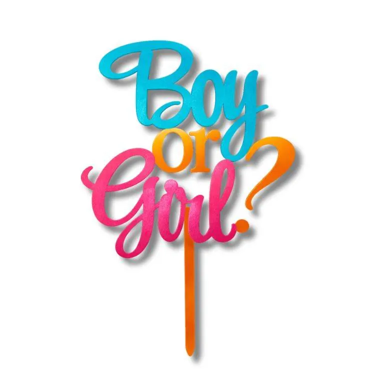 Zápich do dortu s nápisem Boy or Girl v modro-růžové kombinaci na odhalení pohlaví miminka