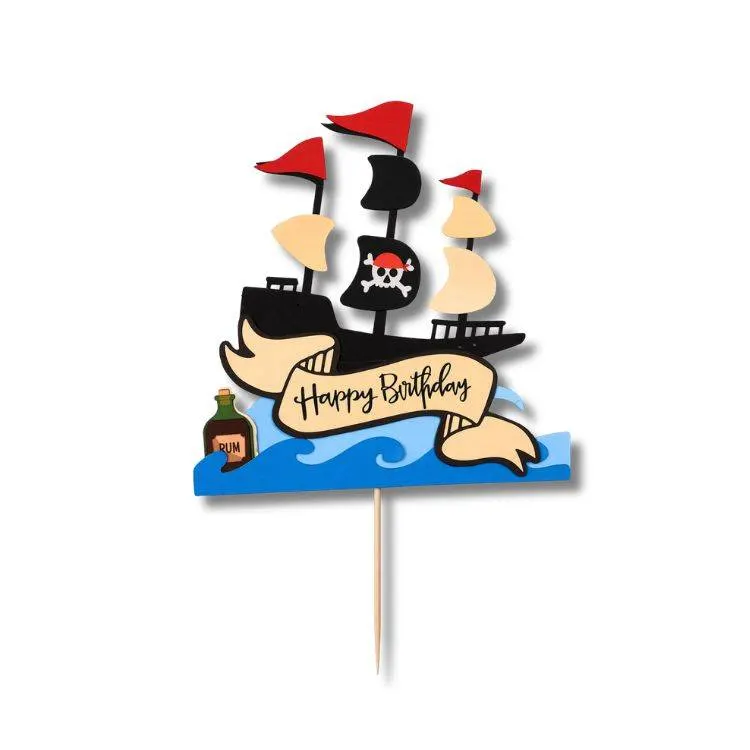 Zápich do dortu s nápisem Happy Birthday a motivem pirátské lodě pro dětské narozeninové oslavy