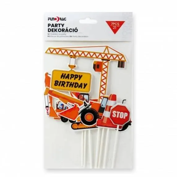 Sada 7 zápichů do dortu s motivy stavby s nápisem Happy Birthday pro dětskou narozeninovou oslavu