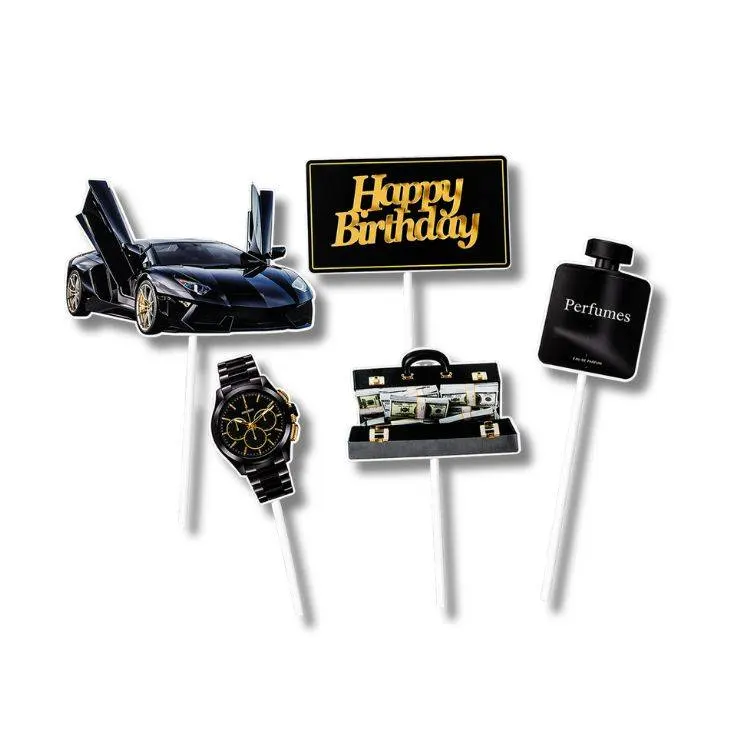 Zápich do dortu Happy Birthday v černo-zlatém luxusním designu s motivy auta, hodinek a parfému pro narozeninové oslavy
