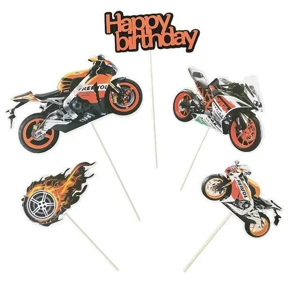 Zápich do dortu s nápisem Happy Birthday a motivem motorek, sada 5 kusů na zdobení narozeninového dortu