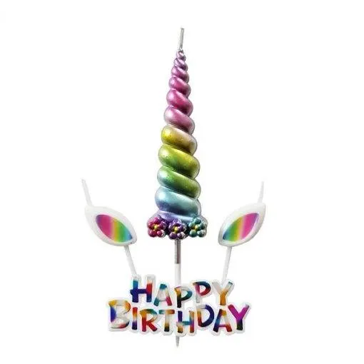 Dekorativní svíčka Happy Birthday s jednorožčím rohem a ušima na dort pro děti