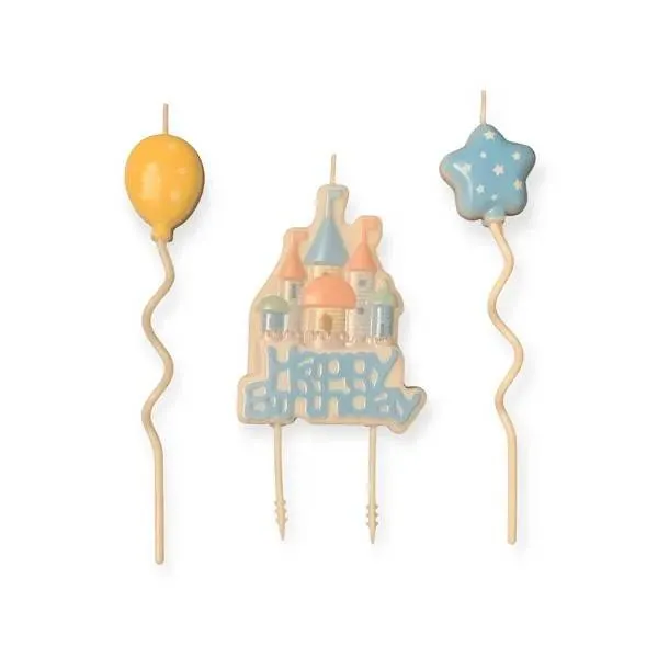 Sada dortových svíček Happy Birthday s modrým zámkem a dvěma svíčkami ve tvaru balónků pro dětské oslavy