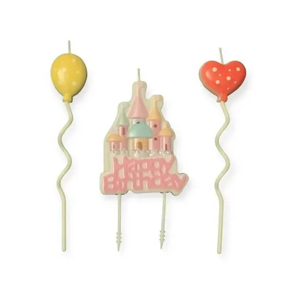 Sada růžových svíček Happy Birthday se zámkem a dvěma balónky na dort, 3 ks