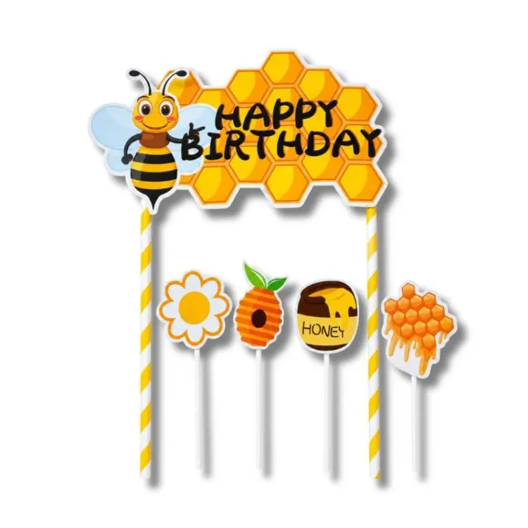 Zápich do dortu Happy Birthday s medovými včelkami, balení 5 kusů na dozdobení dortů a dezertů