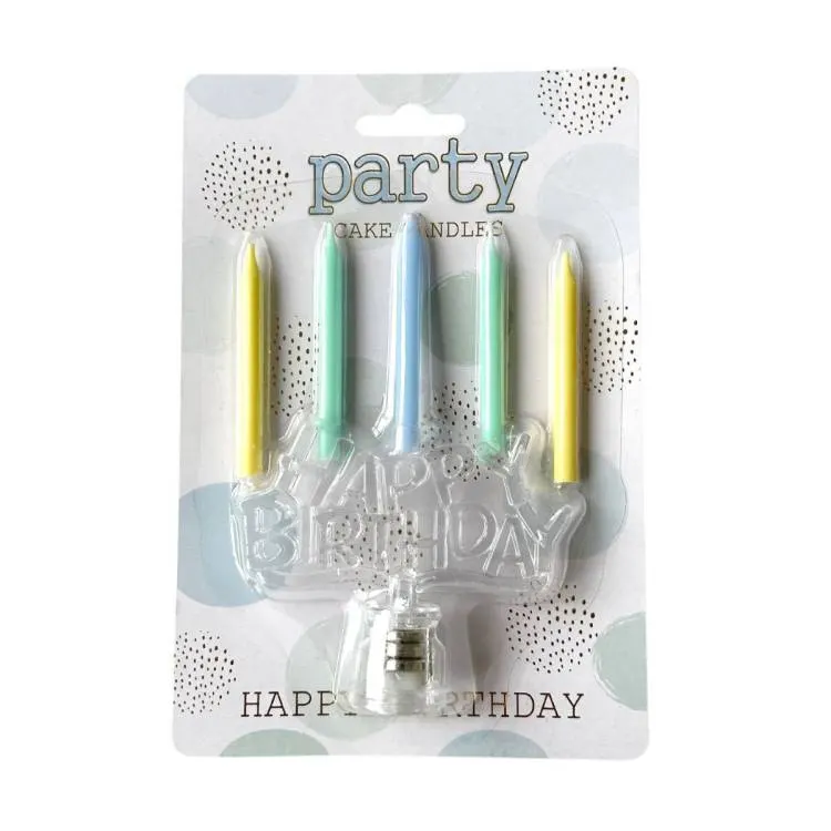 Sada žlutých, zelených a modrých dortových svíček s LED nápisem Happy Birthday pro narozeninové dorty