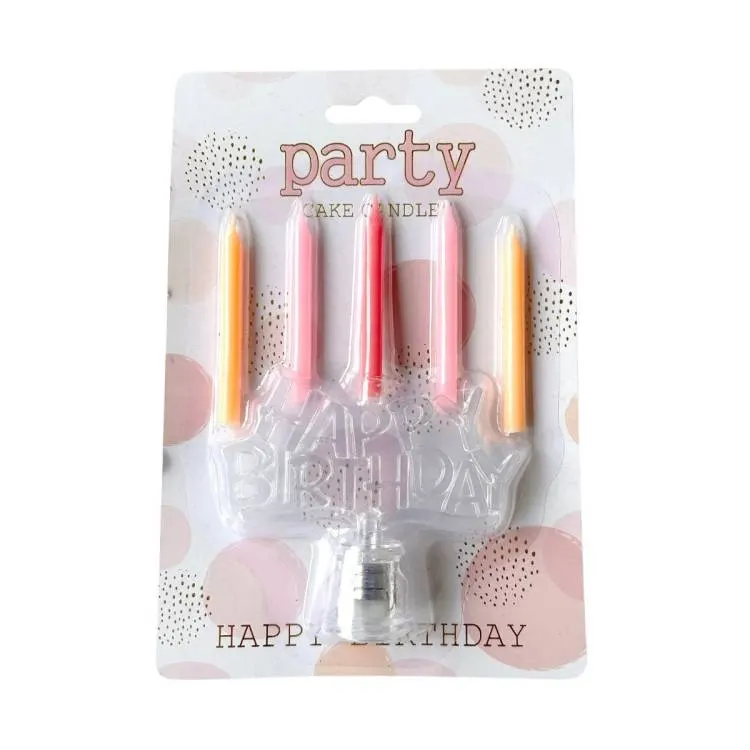 Dortové svíčky oranžové, růžové a červené s LED nápisem Happy Birthday na oslavu narozenin