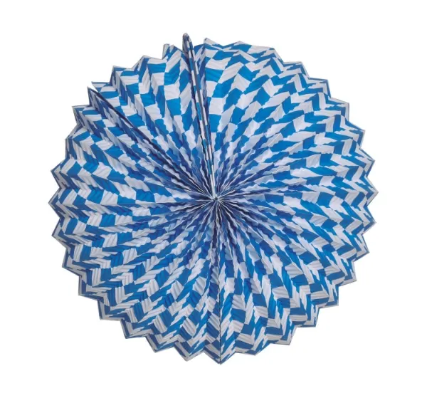 Kulatý papírový lampion s modro-bílými pruhy v bavorském stylu pro výzdobu Oktoberfestu o průměru 25 cm