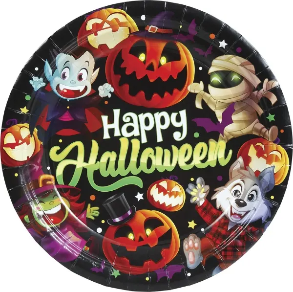 Papírové talíře s halloweenskými motivy dýní, upíra a vlkodlaka o průměru 23 cm, balení 6 ks na party