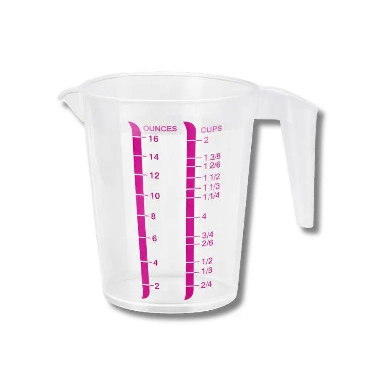 Odměrka s nálevkou o objemu 0,5 l s přehlednou stupnicí v ml, cups a oz pro přesné odměřování tekutin a sypkých surovin