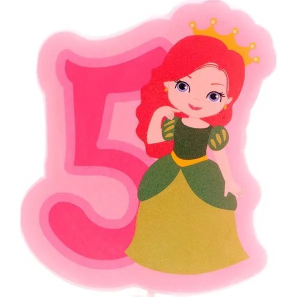 Dortová svíčka ve tvaru číslice pět s motivem princezny od značky Dekora, výška 7 cm, vhodná na dětské narozeniny