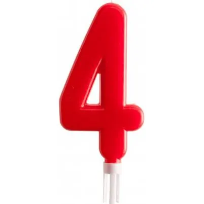Červená dortová svíčka číslo 4 o výšce 15 cm od značky Dekora k ozdobení narozeninového dortu