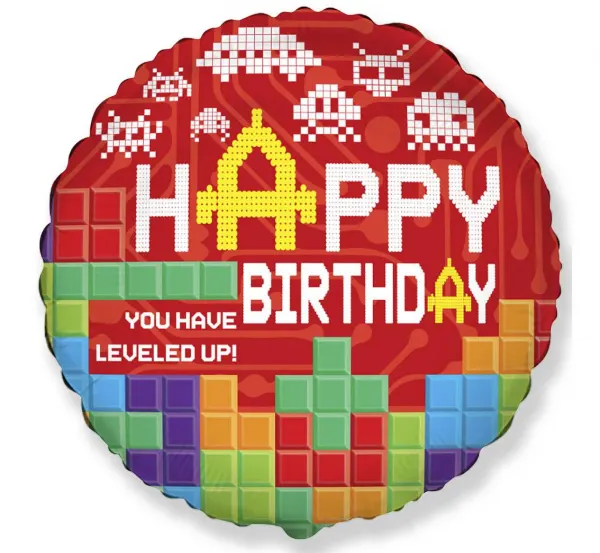 Foliový balonek Godan s motivem retro videoher a nápisem Happy birthday o průměru 45 cm