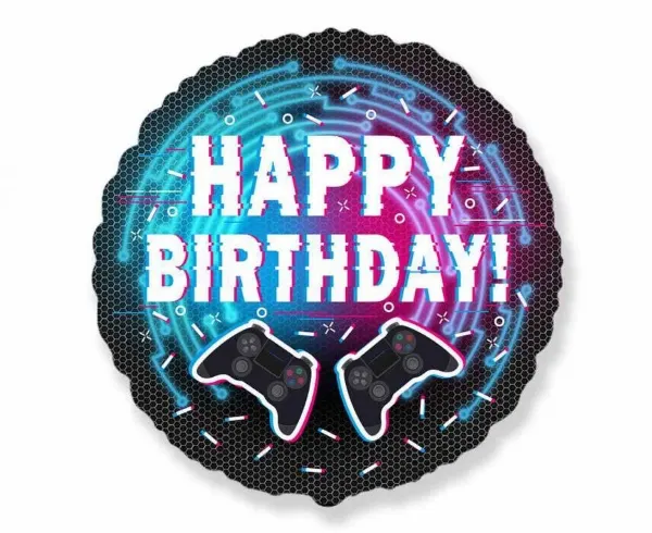 Foliový balonek Game s motivem Happy Birthday o průměru 45 cm od značky Flexmetal určený k narozeninové dekoraci