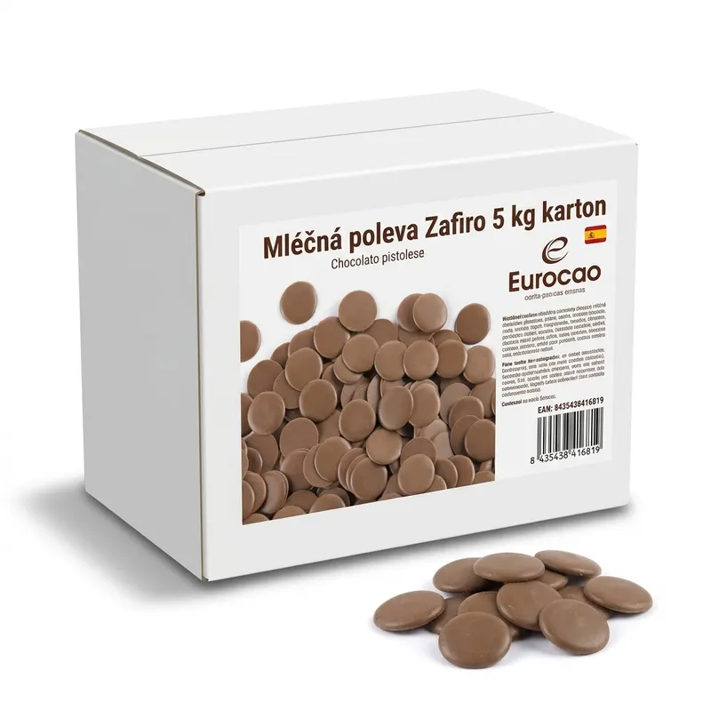 Mléčná poleva Zafiro od značky Eurocao v kartonovém balení o hmotnosti 5 kg k polévání dortů a dezertů