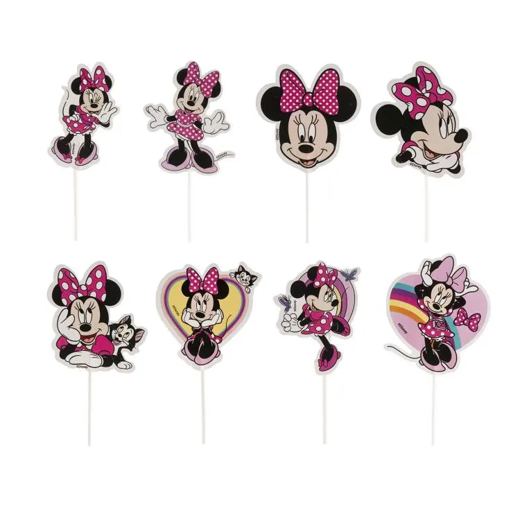 Dekorační zápichy do dortu s motivem Minnie Mouse, sada 16 kusů v osmi druzích pro dětské oslavy