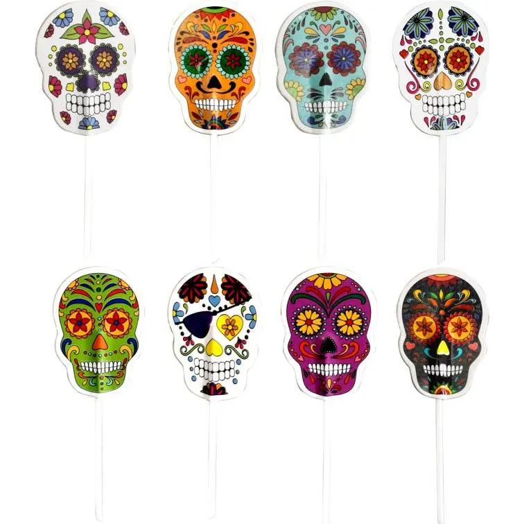 Halloweenské zápichy s motivy mexických lebek od značky Dekora, osm kusů v balení pro zdobení dortů a muffinů