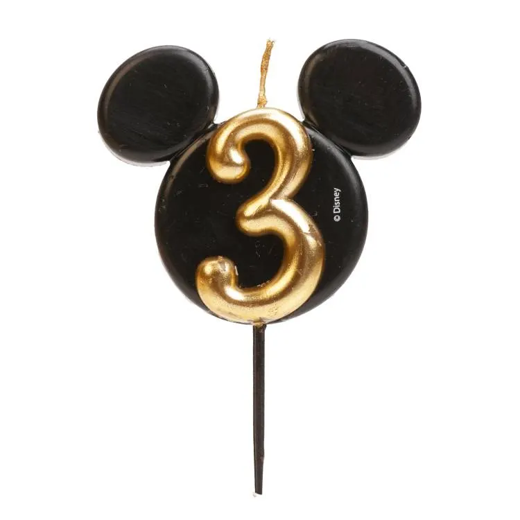Dekorativní svíčka číslo 3 s motivem Mickey Mouse v černo-zlatém provedení na zápich do dortu