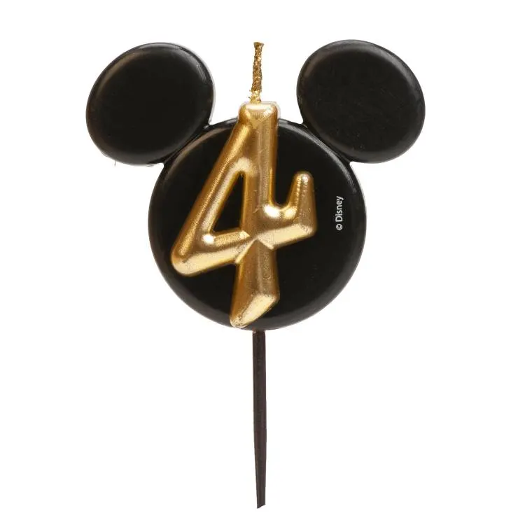 Dekorativní narozeninová svíčka s motivem Mickey Mouse v černo-zlatém provedení na číslo 4 k zapíchnutí do dortu