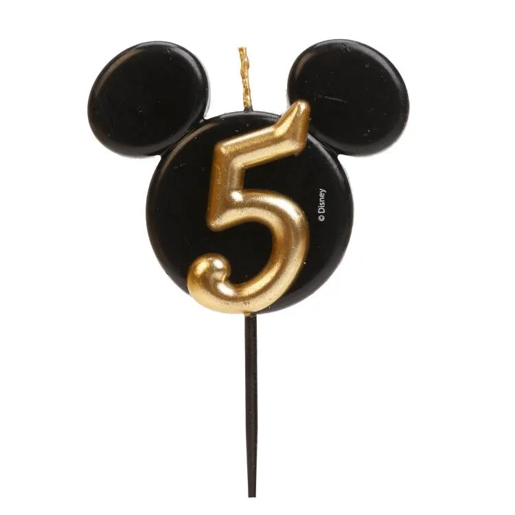 Dekorativní svíčka Mickey Mouse v černo-zlatém provedení s číslicí 5 na dort k pátým narozeninám