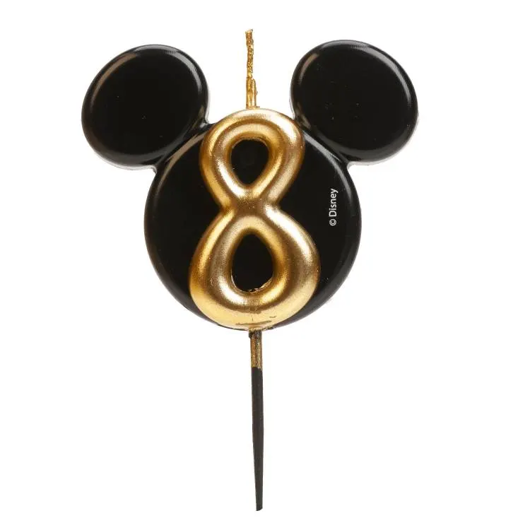 Dekorativní svíčka číslo 8 s motivem Mickey Mouse v černo-zlatém provedení na dort k narozeninám