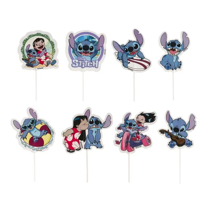 Dekorace do dortu Stitch, sada 16 zápichů s osmi různými motivy pro zdobení dortů na oslavy