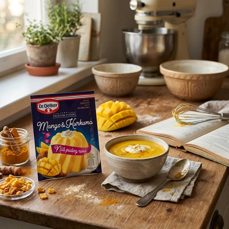 Puding Dr. Oetker s příchutí mango a kurkuma v balení 40 g pro přípravu exotických krémů a dezertů