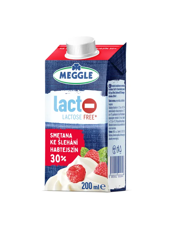 Bezlaktózová smetana MEGGLE s 30% tučností v 200ml balení vhodná na šlehání i vaření