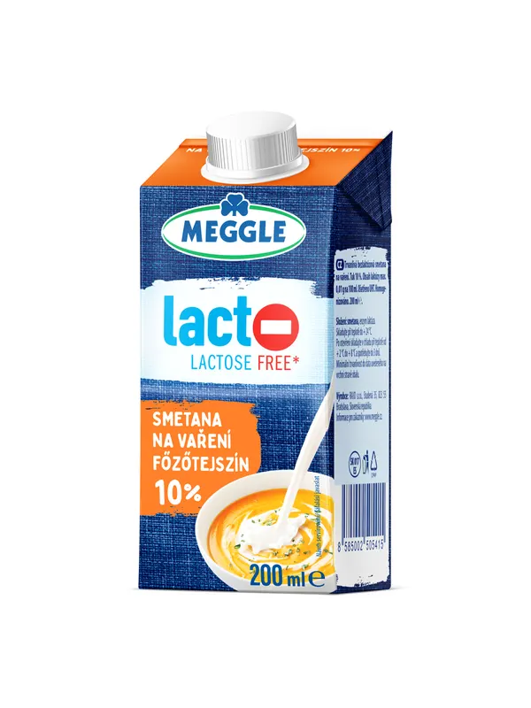Bezlaktózová smetana Meggle s obsahem tuku 10 % v balení 200 ml, vhodná na vaření a pečení