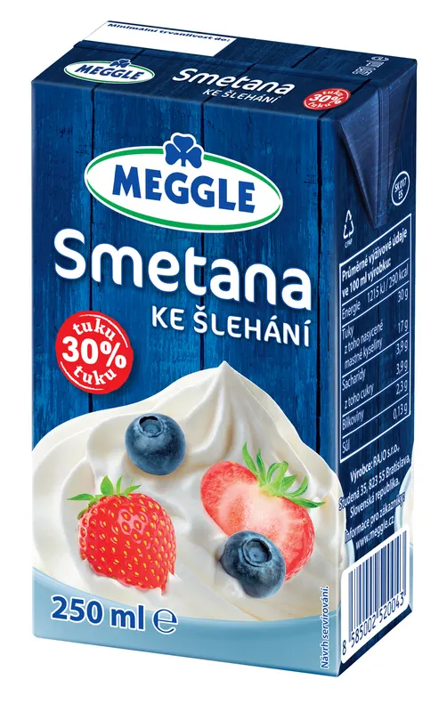 MEGGLE smetana na šlehání 30 % o objemu 250 ml vhodná k šlehání i vaření krémů a omáček